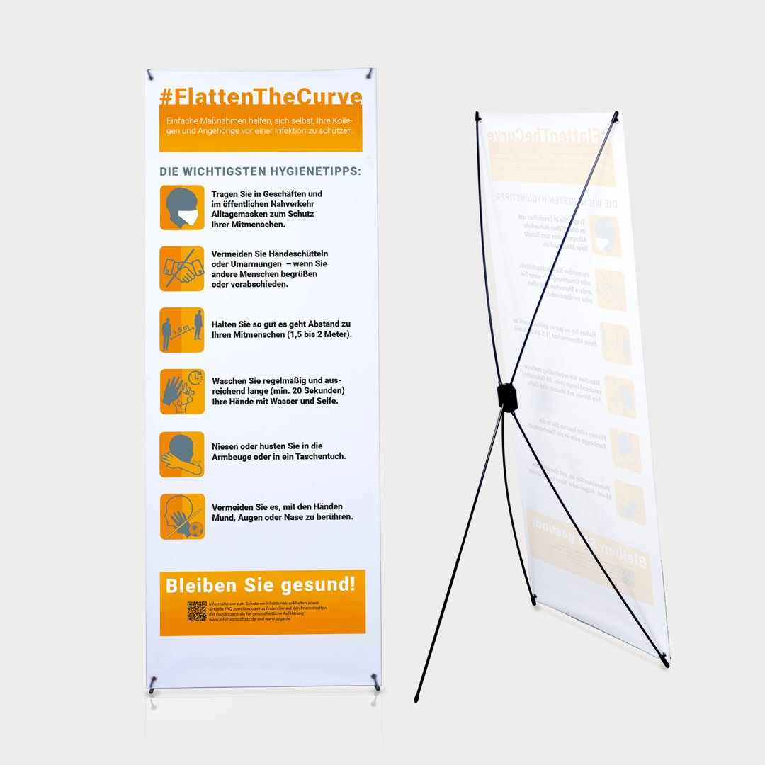 X-Banner mit orange bedruckter Bespannung  die Rückseite zeigt das gekreuzte Stangensystem