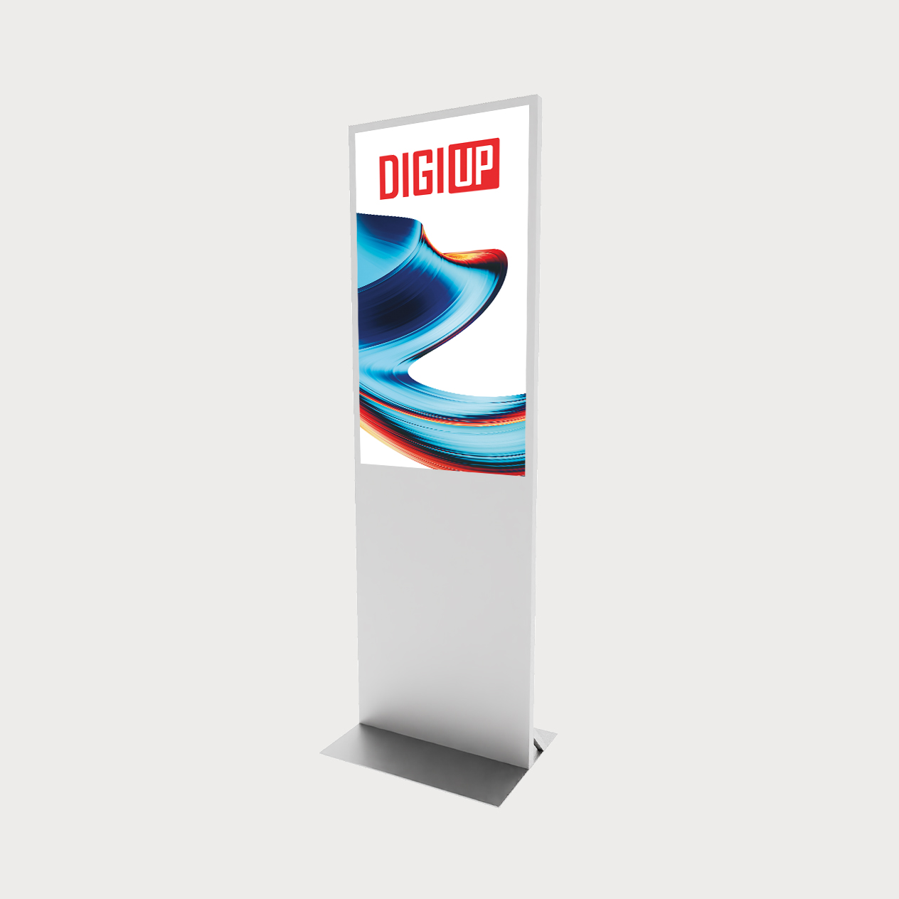 Ein weißer DIGIUP Stele mit hochformatigem Display und abstraktem, farbigem Motiv.