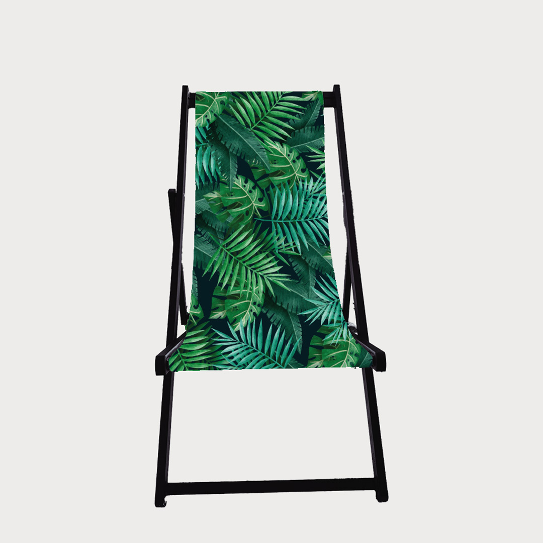 Liegestuhl Alu ohne Armlehne mit grünem bedruckter Bespannung, frontansicht 