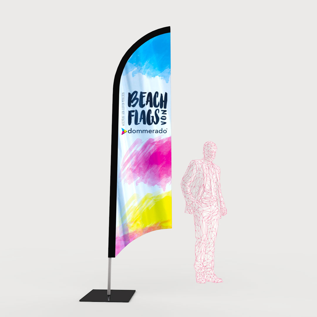 Beachflag mit aufdruck, skizzierte Person, Text: Beachflags